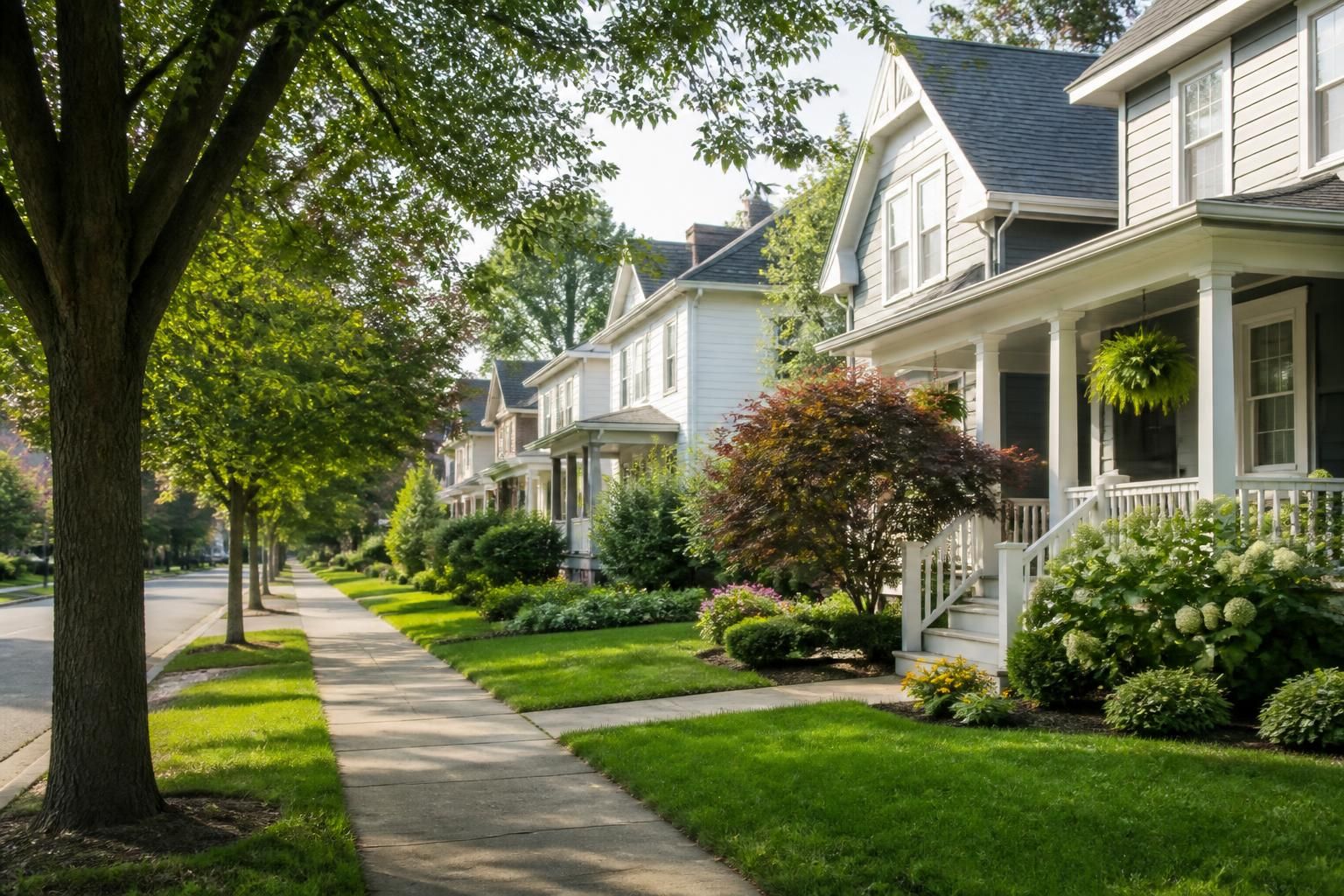 Residential street with tidy homes and soft greenery