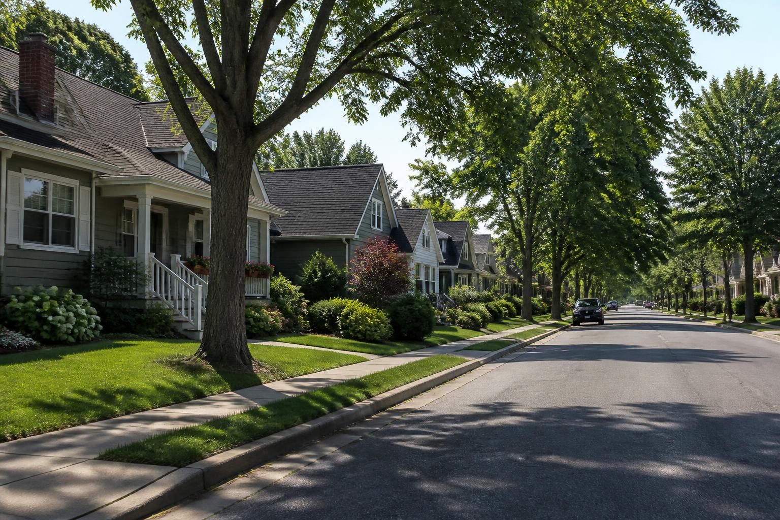 Tidy suburban street with mature trees and bright homes