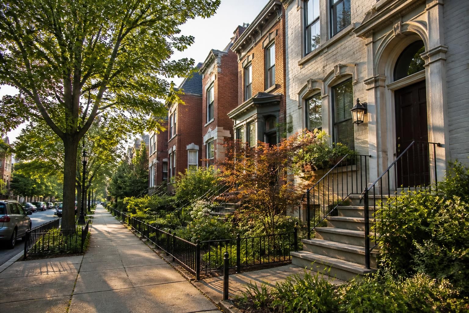 Well-kept urban residential street in soft afternoon light