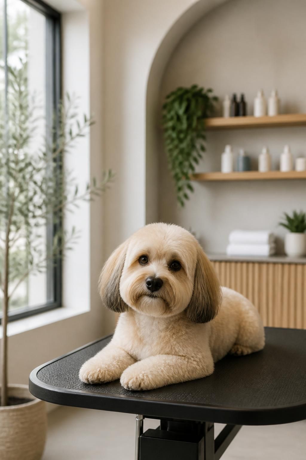 Calm groomed dog resting in a clean pet grooming studio