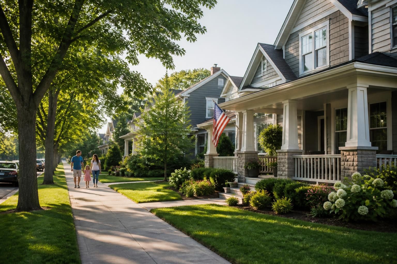 Leafy suburban neighborhood with clean sidewalks and homes