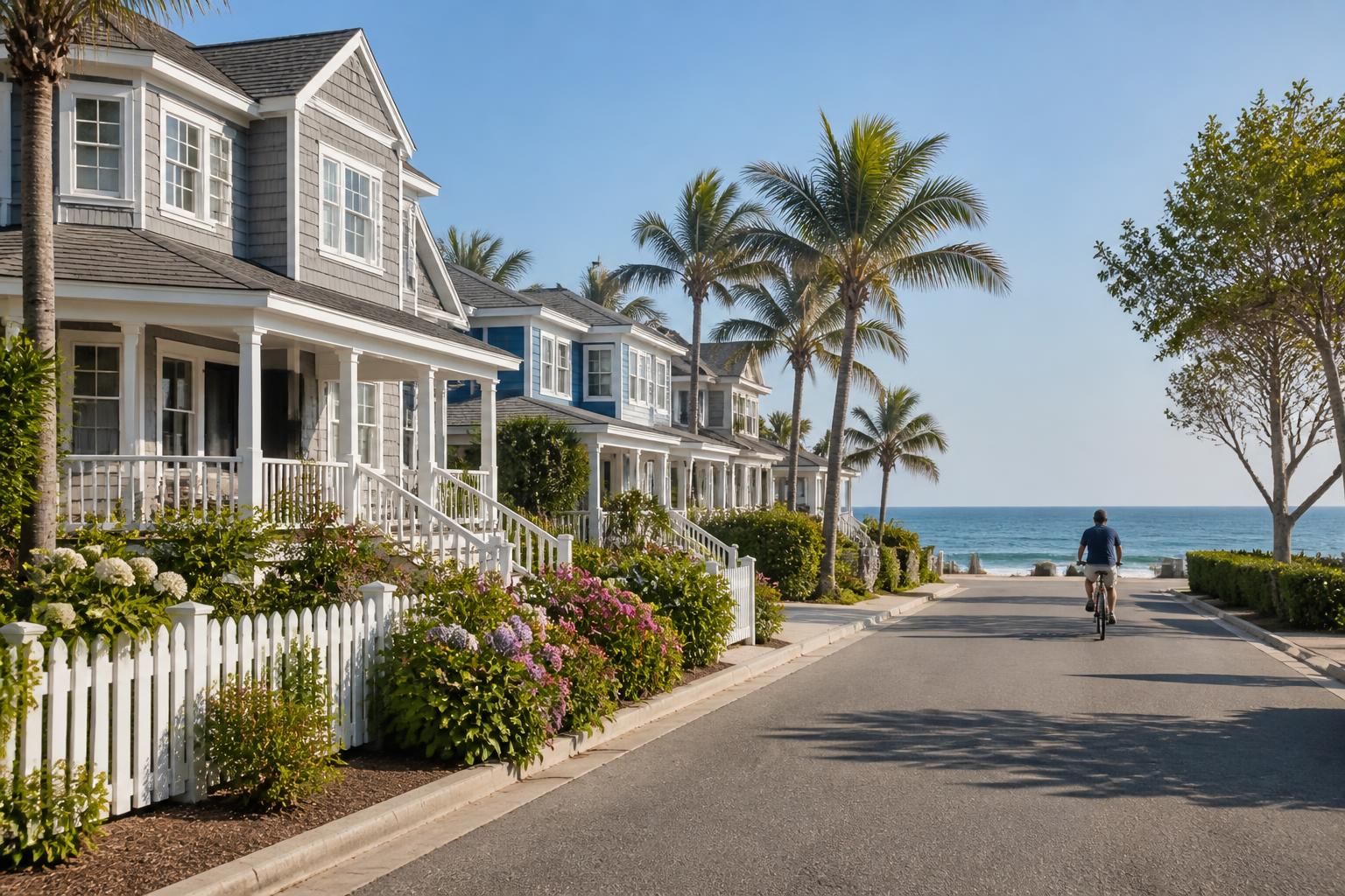 Coastal neighborhood with palm trees and bright homes
