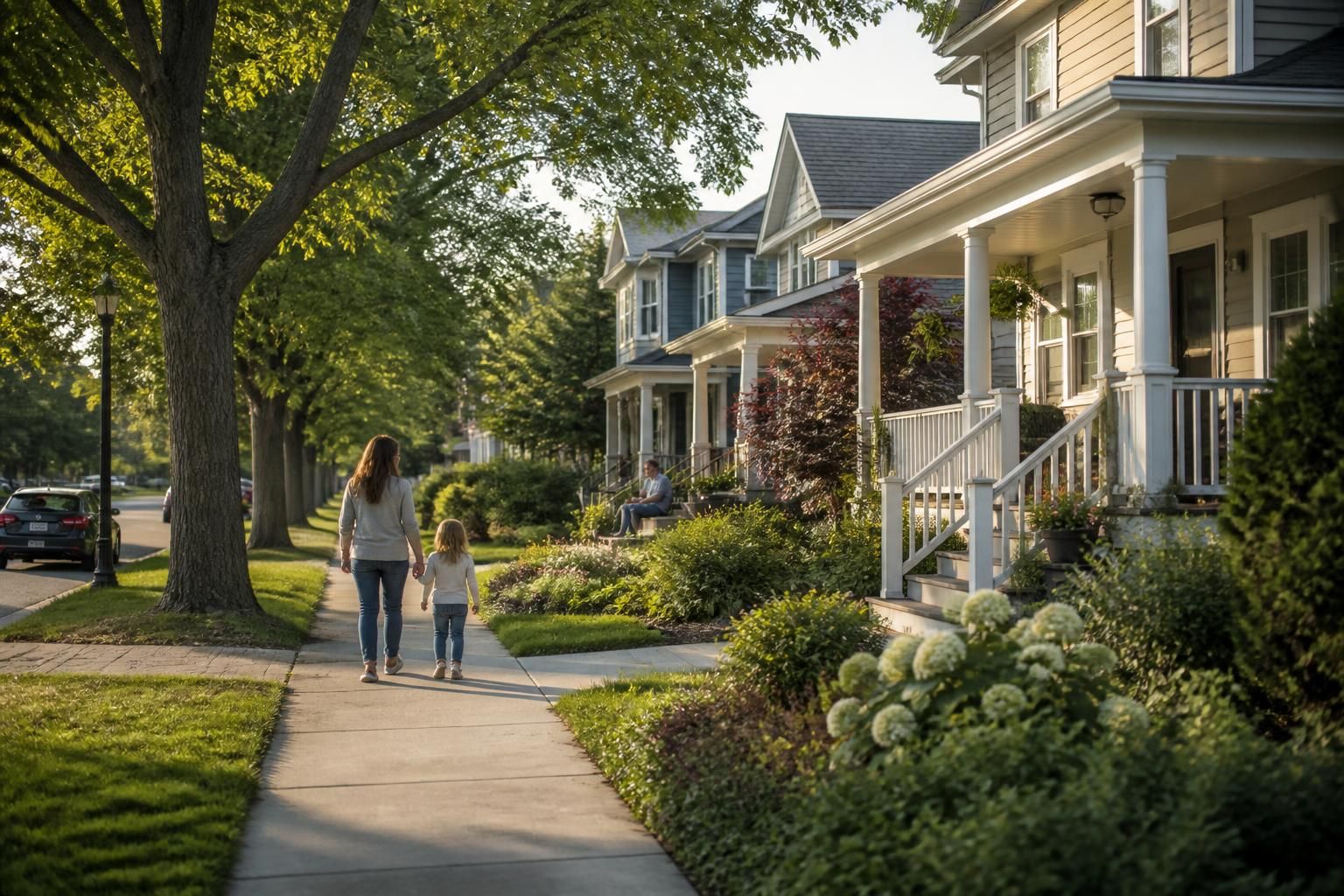 Neighborhood block with tidy houses and street trees