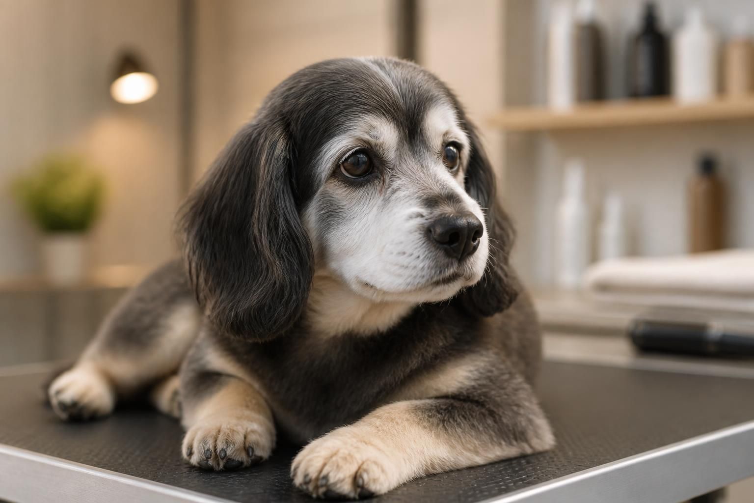 Senior pet with a neatly groomed coat in a gentle setting