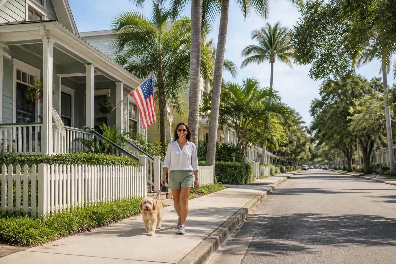 Sunny neighborhood street with neat homes and palm trees